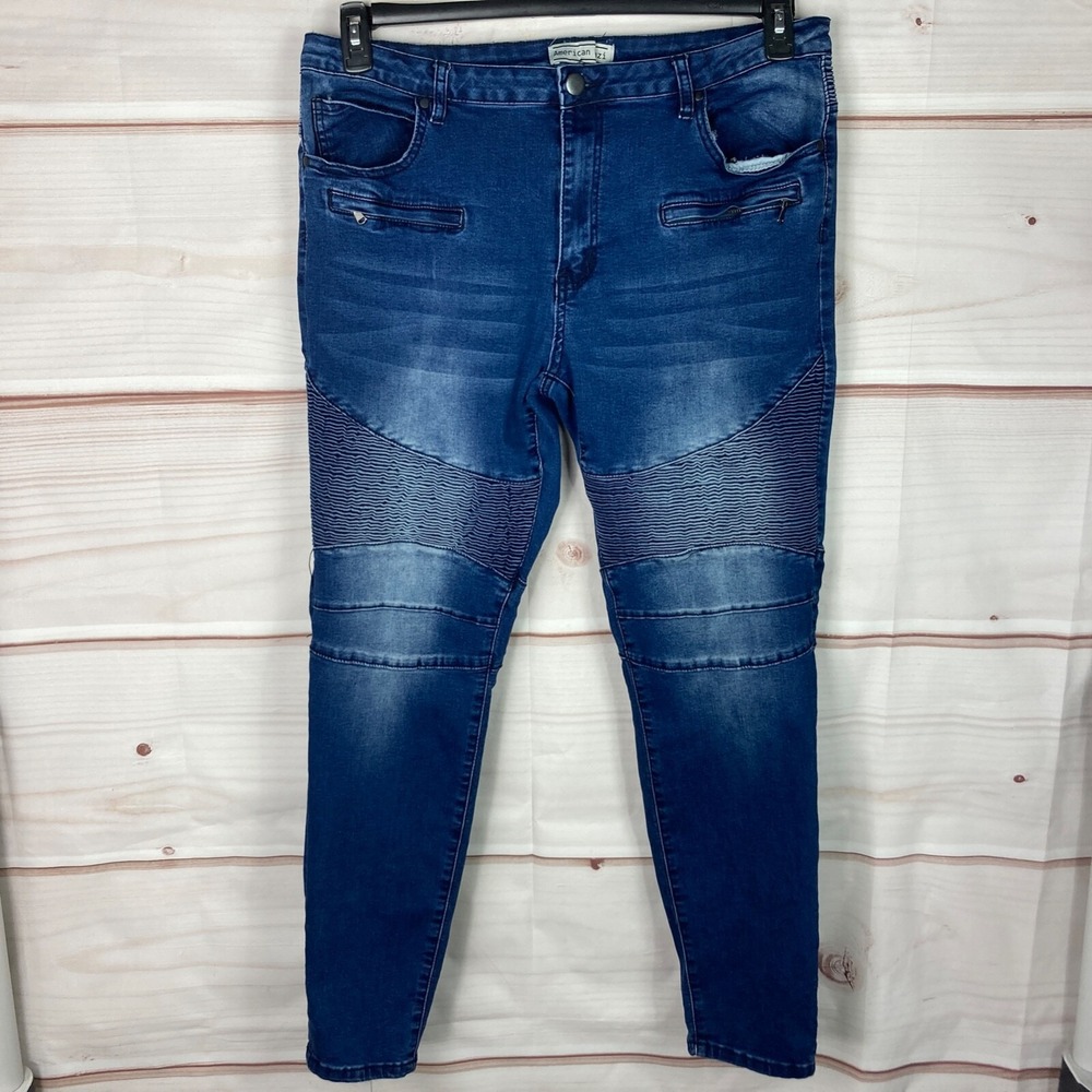 American Bazi Jeans Womens 2X Skinny Moto Dark Wash Mid Rise Pockets Stretch - Picture 1 of 9